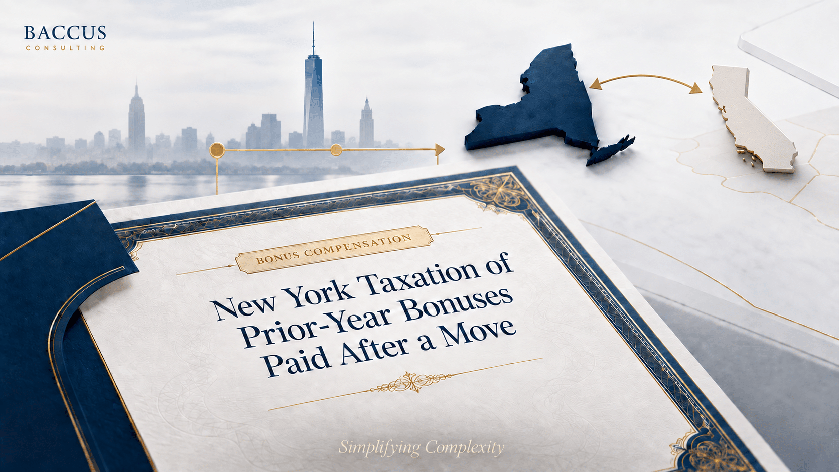 New York and California connected by arrows above a bonus compensation document, illustrating New York taxation after an interstate move.
